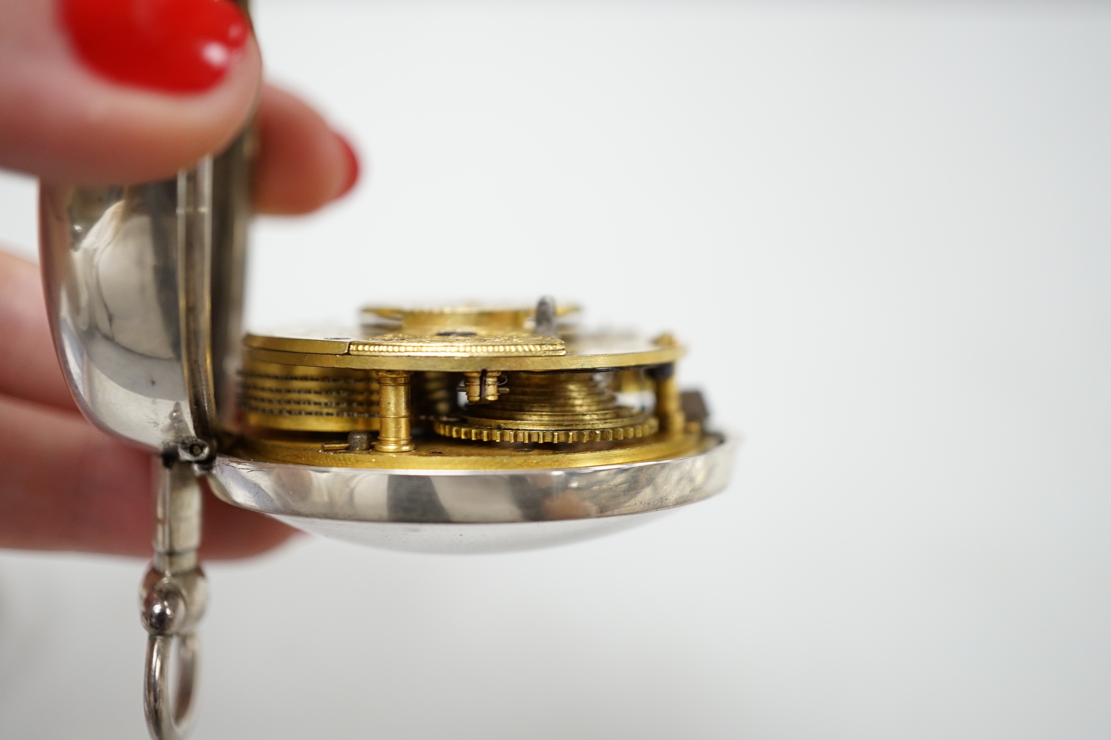 A 19th century silver pair cased keywind verge pocket watch, by Bryant of Buckenham, case diameter 55mm.